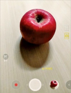 AI 카메라 모드를 켜고 사과를 비추니 화면 왼쪽 아래에 알림이 뜨면서 자동으로 음식 촬영 모드로 변경됐다. 유하늘 기자
 
