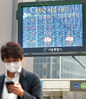 < “숨 쉬기 힘들어요” > 수도권에 올 들어 네 번째 미세먼지 비상저감조치가 시행된 27일, 한 시민이 마스크를 쓴 채 미세먼지 주의 문구가 뜬 서울시청 전광판 앞을 지나고 있다.  /신경훈 기자 khshin@hankyung.com