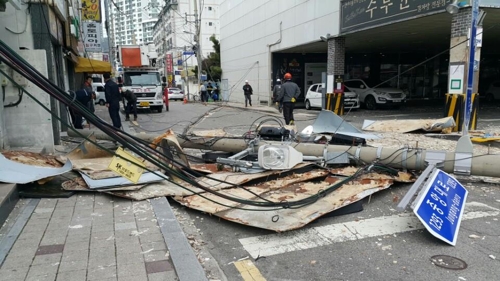 부산에 초속 19ｍ 강풍… 전봇대·가로등 넘어지고 피해 속출