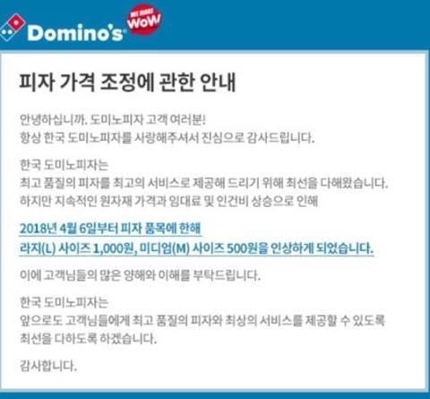 '피자 배달 1위' 도미노피자, 가격 1000원 인상