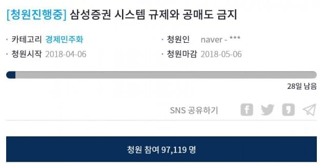 삼성증권 사태에 靑 국민청원 봇물…"공매도 금지해야" 10만건 육박