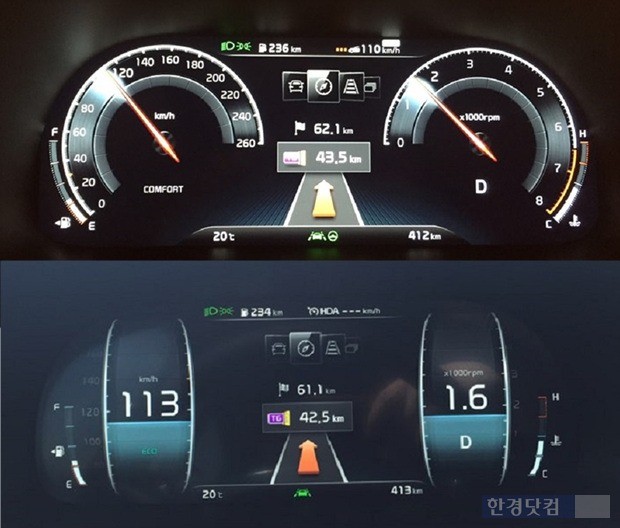 시속 110km에서 HDA가 작동하고 있는 클러스터 모습(사진 상)과 에코모드에서 주행 계기판(사진 하).