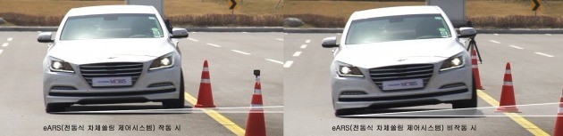 e-ARS 탑재한 제네시스(사진 왼쪽)와 e-ARS를 탑재하지 않은 제네시스(오른쪽)의 주행시 차체 기울기 비교 모습. 