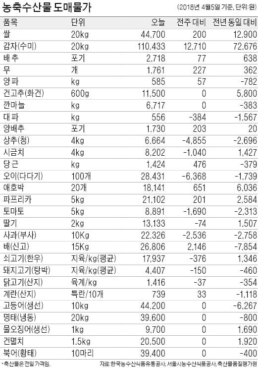 [농수산물 시세] 수미감자 20㎏당 11만원… 작년보다 192% 급등