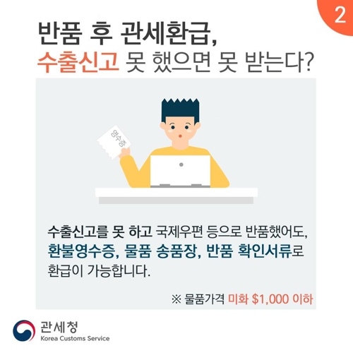 1천달러 이하 해외직구 반품시 수출신고 안해도 관세환급 가능