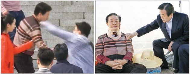 지난 5일 발생한 김성태 자유한국당 원내대표 폭행사건으로 5월 국회 정상화 전망이 더 어두워졌다. 왼쪽 사진은 김 원내대표가 5일 신원 미상의 한 남성에게 왼쪽 턱을 가격당하고 있는 모습(TV 화면 캡처). 김무성 한국당 의원(오른쪽 사진 오른쪽)이 6일 목에 보호대를 한 채 국회 본청 앞에서 단식 농성 중인 김성태 원내대표를 위로하고 있다.  /연합뉴스