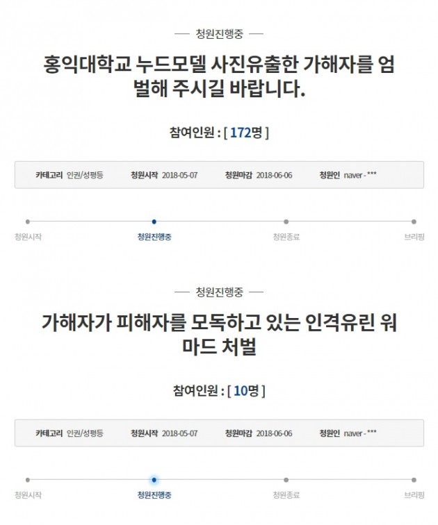 홍대 누드크로키 사진 유출 관련 청와대 국민청원이 이어지고 있다. /사진=청와대 홈페이지 