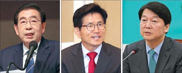 서울시장 선거에 출마한 박원순 더불어민주당 후보(왼쪽부터), 김문수 자유한국당 후보, 안철수 바른미래당 후보가 17일 각각의 일정을 소화하고 있다. 박 후보는 관훈토론회에 참석했으며 김 후보는 서울지역 당협위원장들과 선거대책회의를 했다. 안 후보는 국회에서 민생공약을 발표했다. 연합뉴스