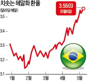 브라질 헤알화 가치도 2년 만에 최저