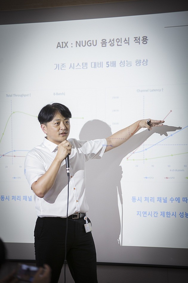정무경 SK텔레콤 ML인프라랩 팀장이 21일 오전 포럼에서 SK텔레콤이 개발한 AI 가속솔루션을 소개하고 있다./사진=SK텔레콤