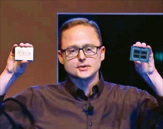 짐 앤더슨 AMD 컴퓨팅 및 그래픽 사업부 부사장이 32코어 중앙처리장치(CPU) ‘스레드리퍼’2세대를 선보이고 있다.  /AMD 신제품 발표회 방송 화면 캡처