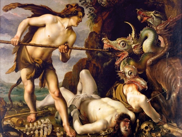 네덜란드 화가 헨드릭 골치어스(1558~1617)의 ‘용을 죽이는 카드모스’(유화, 189㎝×248㎝).
 
