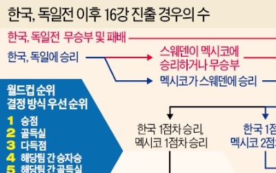 한국 16강 경우의 수는… 독일 2점차로 꺾고, 멕시코가 스웨덴 이겨야