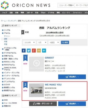 세븐틴, 日 오리콘 데일리·위클리 차트 2위