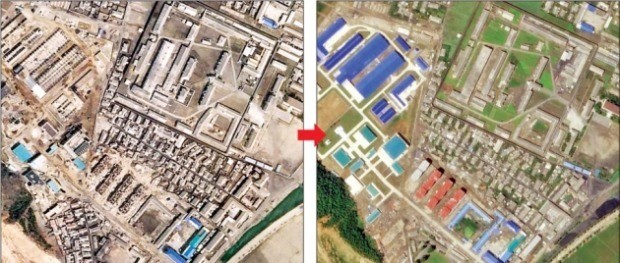 1일 공개된 북한 함흥 미사일 공장의 지난 4월1일(왼쪽)과 6월29일 위성사진. 공사가 진척된 정황이 뚜렷하다. /월스트리트저널 홈페이지 캡처 