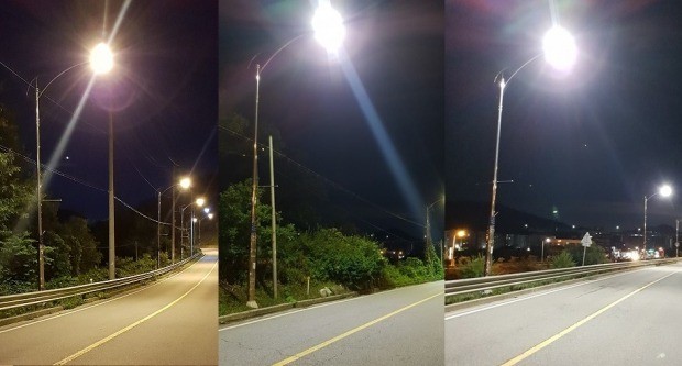 왼쪽부터 나트륨 가로등, LED 전구와 기존 가로등 활용, LED 가로등 신규 설치 사례.