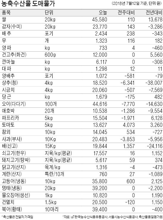 [농수산물 시세] 한우·돼지고기 값 오름세… 여름 휴가철 수요 늘어