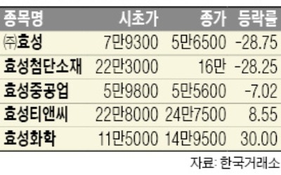 효성·첨단소재 급락… 티앤씨·화학 급등