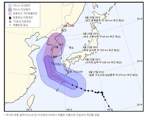 제19호 태풍 솔릭 예상 진로[기상청 홈피 캡처]