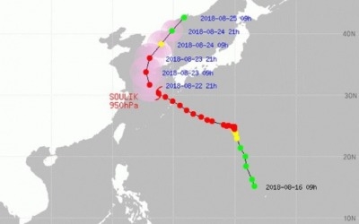 일본 기상청이 예상한 태풍 '솔릭' 진로는? "인천·강화 방향"