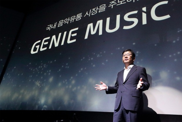 22일 김훈배 대표이사가 5G(5세대 이동통신) 시대 미래형 음악서비스 전략을 발표하고 있다./사진=KT