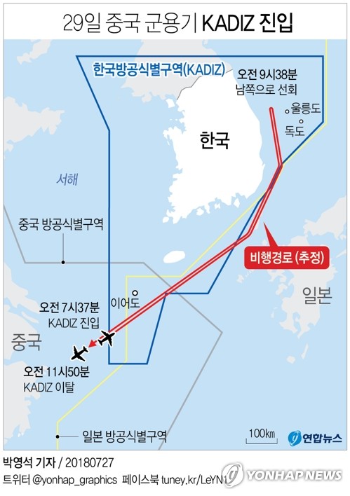 중국 군용기, KADIZ 진입·이탈 반복… 中 "KADIZ 영공 아냐"