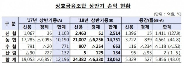 올 상반기 상호금융 순익 1조8052억…전년比 48% 증가