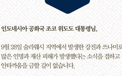 인도네시아 강진·쓰니미, 문재인 대통령 "충격과 비통, 유가족 애도"