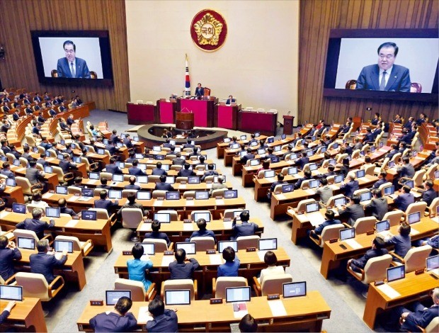 문희상 국회의장이 3일 국회에서 열린 9월 정기국회에서 개회사를 하고 있다. 정기국회는 이날 개회식 및 1차 본회의를 시작으로 6일까지 교섭단체 대표연설과 국정감사(10월10∼29일) 등의 순으로 진행된다.  /김범준 기자 bjk07@hankyung.com