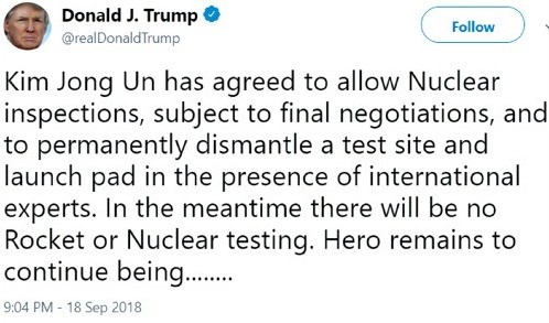 도널드 트럼프 미국 대통령은 19일 남북한 정상이 평양 공동선언문을 발표한 지 1시간 뒤 트위터에 “국제 전문가들이 참석한 가운데 미사일 시험장과 발사대를 영구적으로 폐기하기로 했다”며 “매우 흥분된다”고 썼다. /트럼프 대통령 트위터 캡처