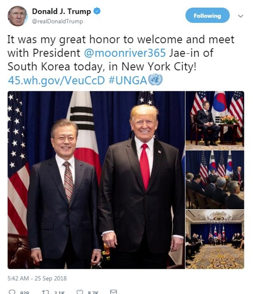 트럼프, 트위터에 "문 대통령 만나 큰 영광"…기념사진 올려