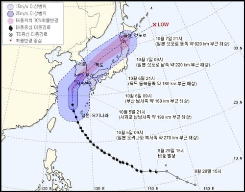 제25호 태풍 '콩레이' 예상 경로 [기상청 제공]