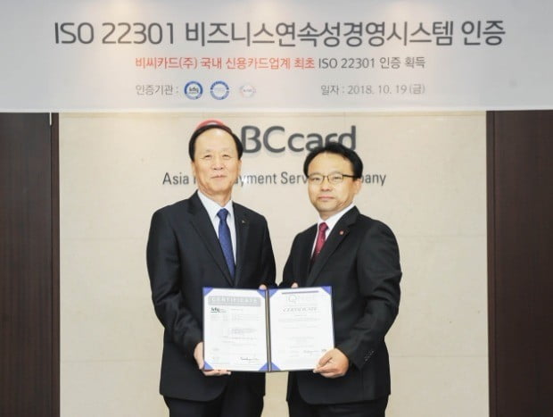 남대현 한국품질재단 대표(왼쪽)와 채병철 BC카드 상무(오른쪽)가 기념촬영을 하고 있다.(사진=BC키드)