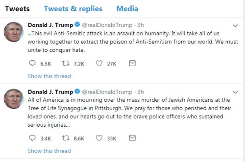 트럼프, 피츠버그 총격에 "사악한 反유대주의 행위…현지 갈 것"