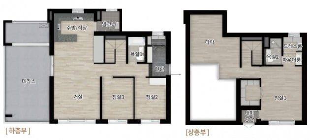 '광주 금호 리첸시아'의 복층형 펜트하우스인 전용 82㎡ 평면. 1순위 청약에서 66대1의 경쟁률로 최고치를 나타냈다.