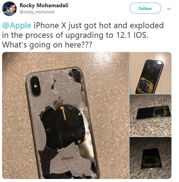 미국 워싱턴주에 사는 라헬 모하메드는 일주일 전 본인 트위터에 "아이폰X이 iOS 12.1 버전으로 업데이트되는 동안 폭발했다"며 글과 사진을 게재했다. 