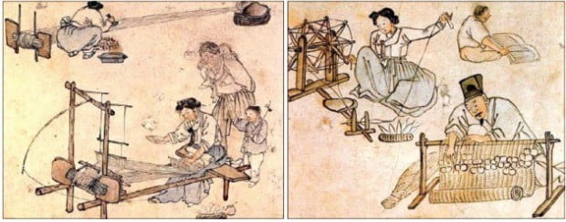 18세기 김홍도의 풍속도. 물레로 실을 잣고, 실에 풀을 먹이고, 베틀에서 포를 짜는 공정이 주부의 가내공업으로 영위됐음을 보여준다. 