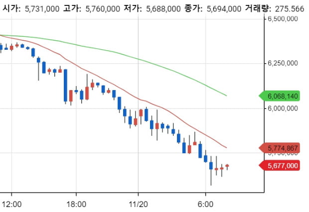 비트코인 가격이 19일 오후부터 하락해 600만원이 무너졌다. 20일 오전 8시 기준 560만원대를 기록 중이다. / 출처=업비트 화면 갈무리