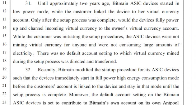 고르 게보르키얀씨가 비트메인을 상대로 제기한 소송장 내용 중 일부. 비트메인측이 채굴기를 이용해 부당이득을 취했다는 주장이 담겨 있다.