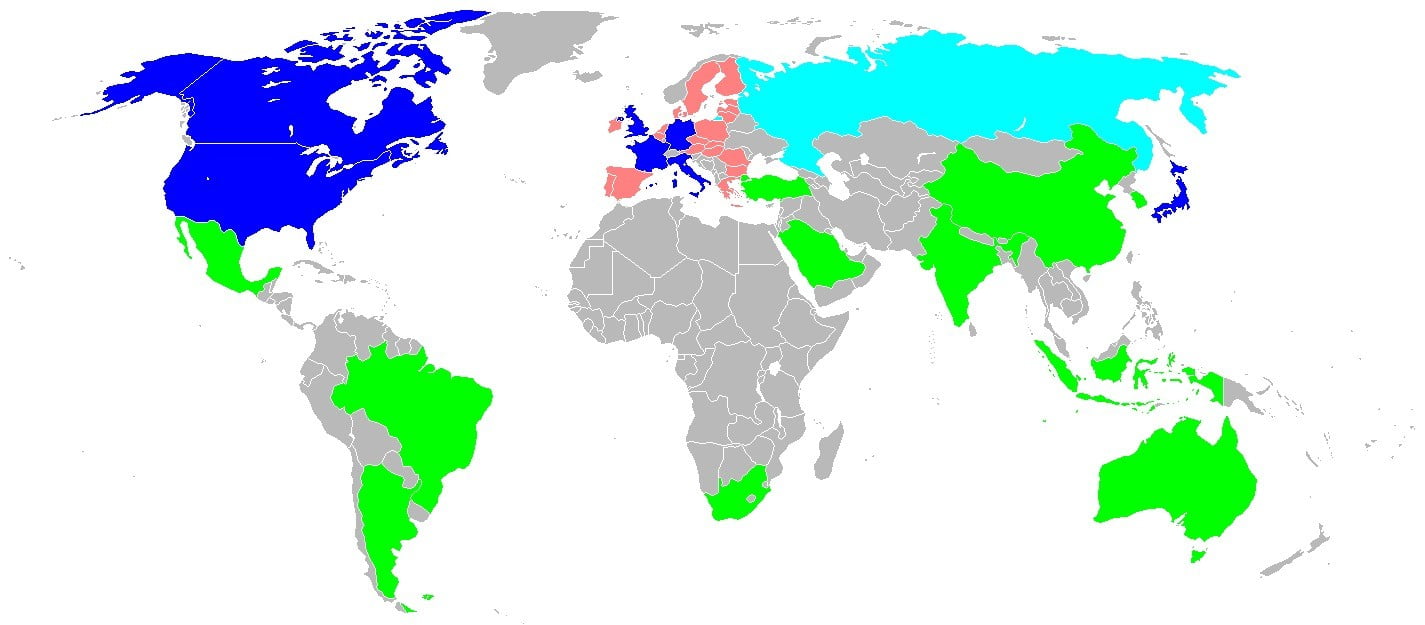 주요 20개국 (남아공, 대한민국, 독일, 러시아, 멕시코, 미국, 브라질, 사우디아라비아, 아르헨티나, 영국, 유럽연합, 이탈리아, 인도, 인도네시아, 일본, 중국, 캐나다, 터키, 프랑스, 호주) 지도. 출처=위키백과
