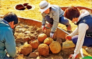 매장문화재 조사기관인 호남문화재연구원이 무장읍성에서 비격진천뢰를 발굴하고 있다.  /연합뉴스 