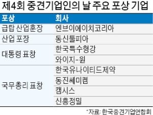 구자겸 엔브이에이치코리아 회장(오른쪽)이 19일 서울 소공동 롯데호텔에서 열린 ‘제4회 중견기업인의 날’ 행사에서 금탑산업훈장을 받았다. 왼쪽부터 이낙연 국무총리, 구 회장의 부인 유수경 씨, 구 회장.  허문찬  기자 ♣♣sweat@hankyung.com♣♣ 