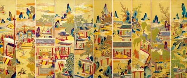 구운몽(九雲夢)을 그린 10폭 병풍, 건축물이 모두 중국식이다. 19세기 초의 작품.
 