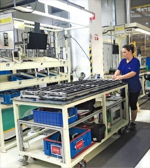 한온시스템 슬로바키아 일라바 공장 직원들이 전기차 전용 부품인 배터리 쿨러를 생산하고 있다.  한온시스템 제공
 