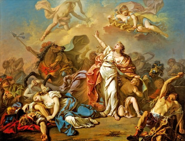 프랑스 화가 자크 루이 다비드(1748~1825)의 1772년 작 ‘아폴로와 아르테미스의 공격으로부터 자식들을 보호하는 니오베’.(유화, 120.65㎝×153.67㎝) 미국 댈러스 미술관 소장. 