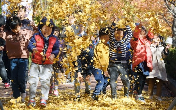 2일 서울 석촌호수에서 열린 '2018 잠실 석촌호수 단풍·낙엽축제'에서 어린이들이 은행잎을 던지며 가을을 만끽하고 있다. 
