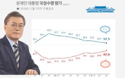 문대통령 국정지지도 52.5%…8주째 떨어져 취임 후 최저치[리얼미터]