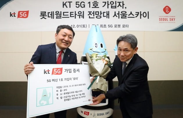 이필재 KT 마케팅부문장이 인공지능 로봇 ‘로타’의 5G 머신 1호 가입자 증서를 롯데월드 박동기 대표에게 전하고 있다./사진=KT