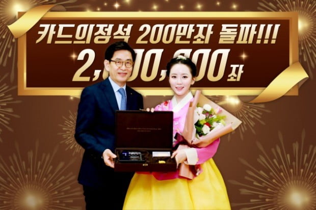 정원재 우리카드 사장(왼쪽)이 김현정 한국화가에게 감사패와 기념카드를 전달하고 기념 촬영을 하고 있다.(사진=우리카드)