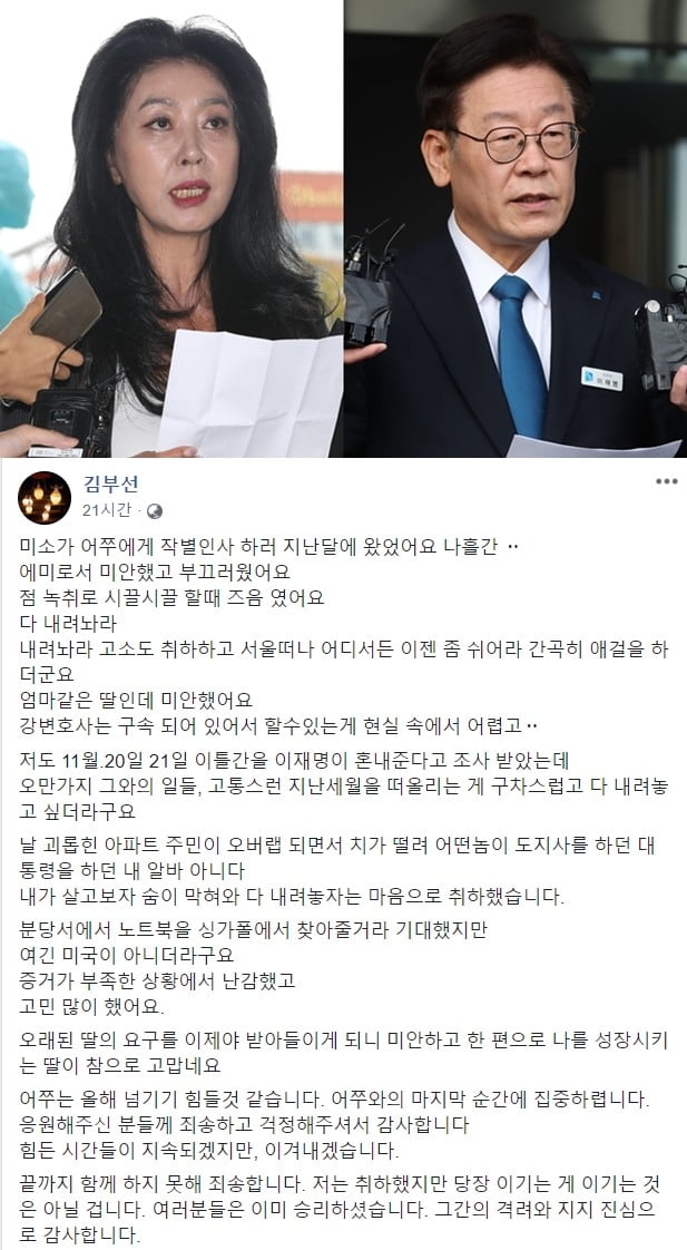 김부선, 이재명 고소취하 심경 고백 /사진=연합뉴스, 김부선 페이스북 